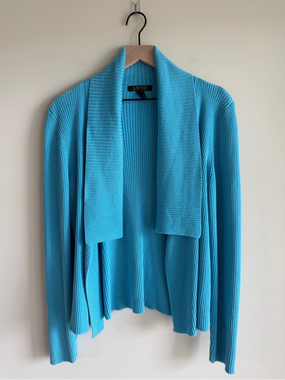 Lauren Ralph Lauren Turquoise Blue Ribbed Cardigan Open Front Sweater L Viscose - Picture 2 of 8